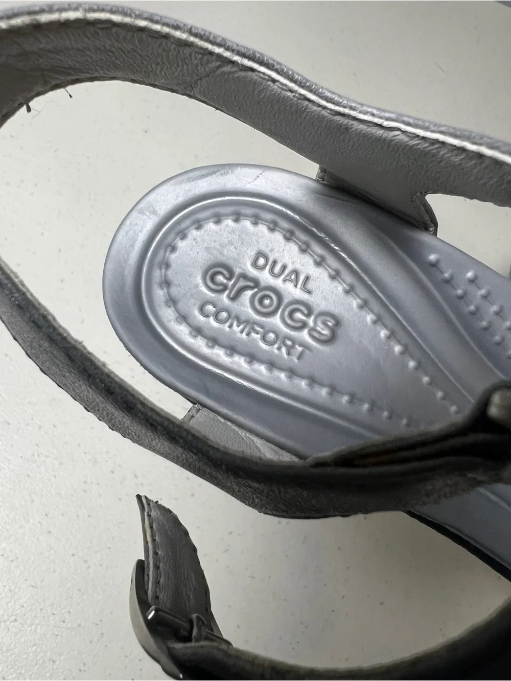 crocs Gray Grey leigh wedge heel canvas Adjustable strap slip on sz w7